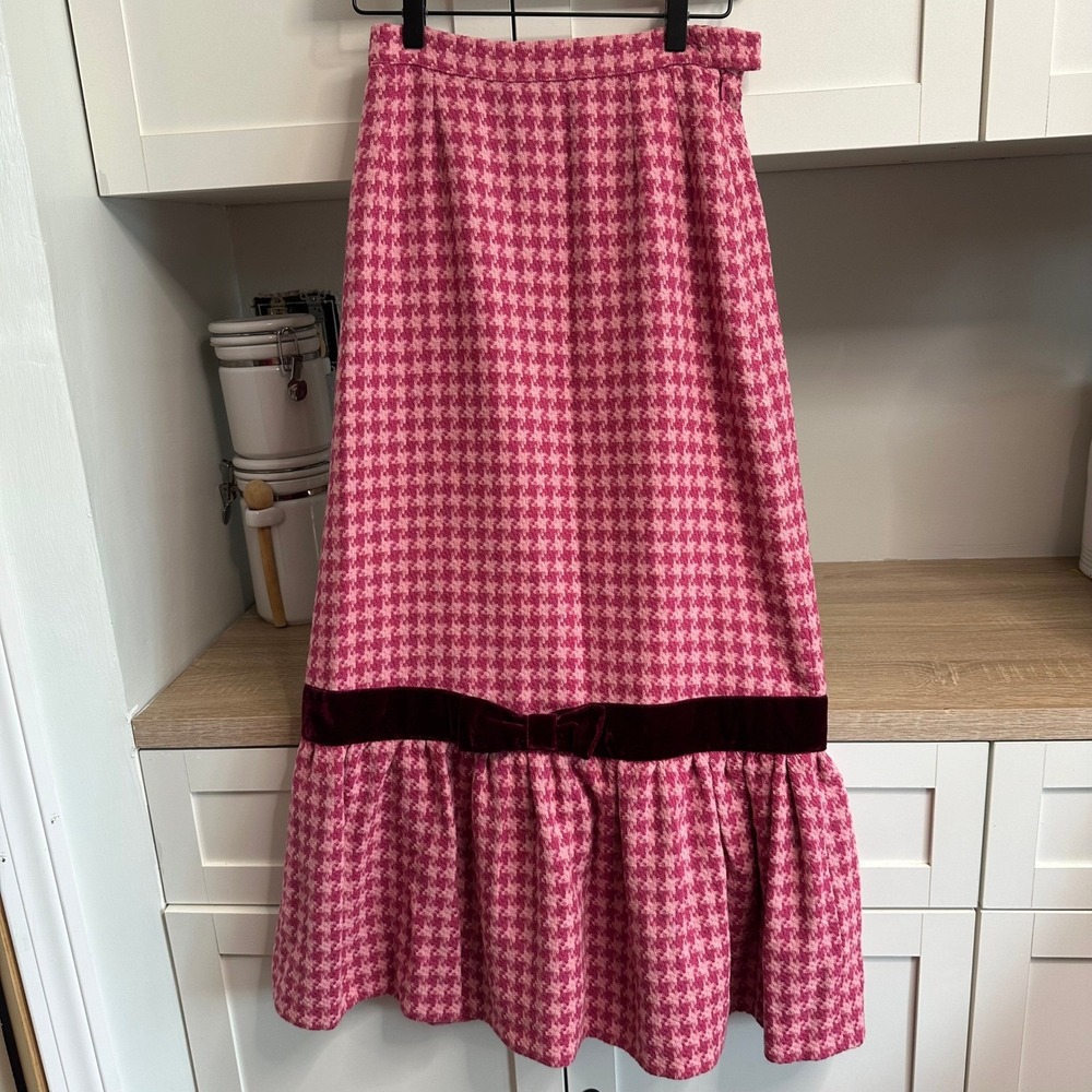 Maria De La Orden Maxi Skirt Womens S Pink Houndstooth Ruffle Velvet Bow Spain